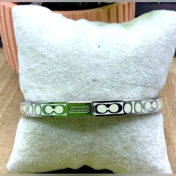 COACH Cream & Silver Enamel “C” Monogram Bangle Bracelet, EUC - Picture 1 of 5
